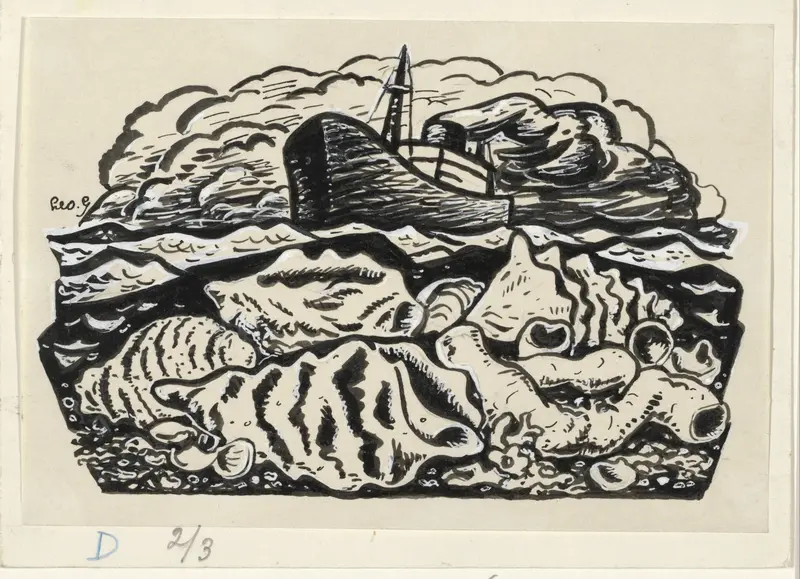 Stoomschip op zee met schelpen op het strand Wall Art by Unknown - High-Resolution Digital Print