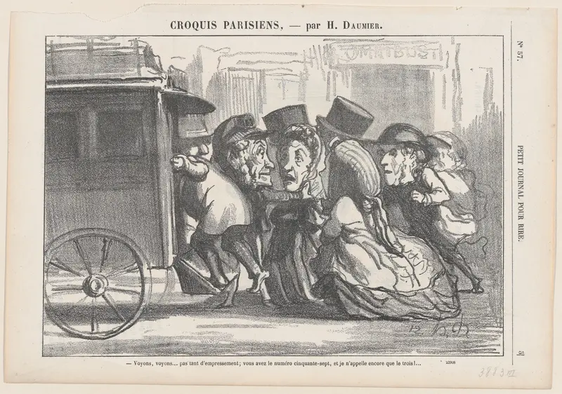 Stop pushing please... you have the number 57 and I just called number 3!, from "Parisian Sketches" Wall Art by Honoré Daumier - High-Resolution Digital Print