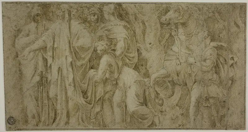 Story of Niobe: Niobe Receiving Gifts from Worshippers; Youth with Horse Wall Art by Polidoro da Caravaggio - High-Resolution Digital Print