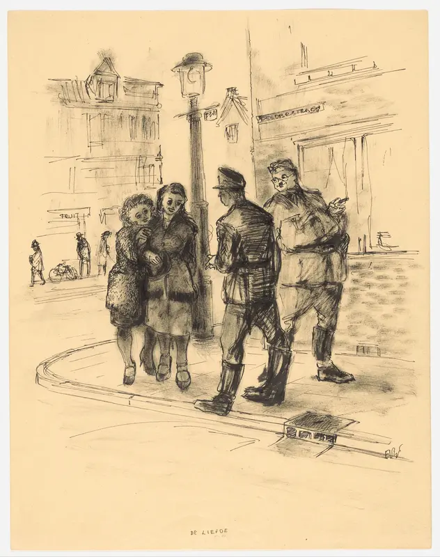 Straathoek met jonge vrouwen en Duitse soldaten bij een lantarenpaal Wall Art by Unknown - High-Resolution Digital Print
