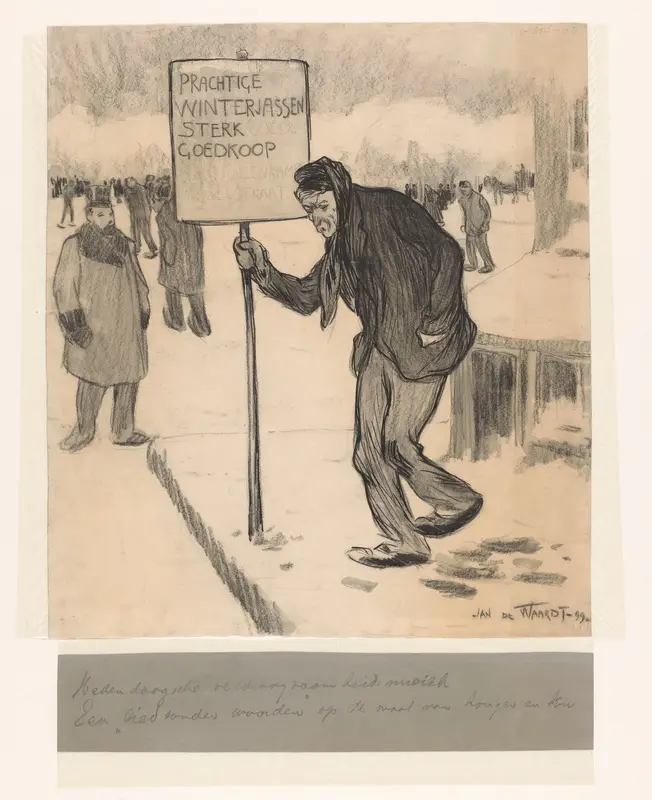 Straatverkoper met bord "Prachtige winterjassen sterk goedkoop" Wall Art by Unknown - High-Resolution Digital Print
