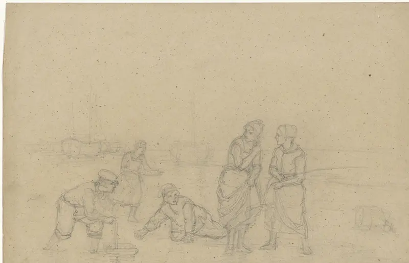 Strand met wadende vrouwen en spelende kinderen