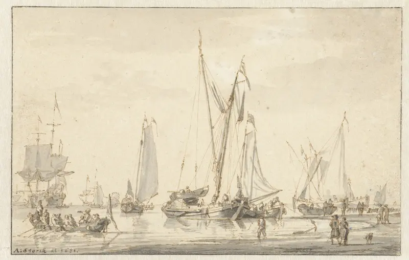 Strandgezicht met afgemeerde schepen Wall Art by Abraham Storck - High-Resolution Digital Print