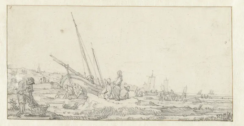 Strandgezicht met vissersschepen en groepen mensen Wall Art by Egbert Lievensz. van der Poel - High-Resolution Digital Print