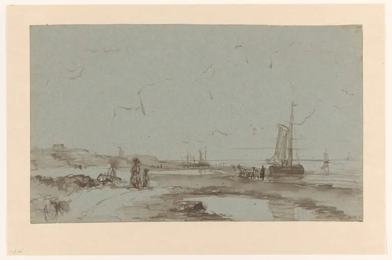 Strandgezicht met zeilschepen en wandelaars Wall Art by Albertus van Beest - High-Resolution Digital Print