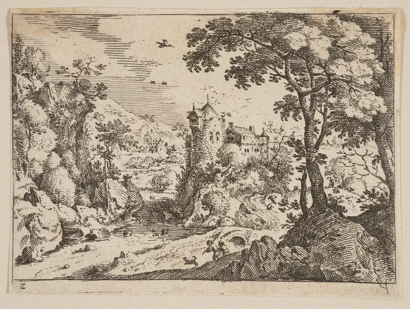 Stream between Rocky Hillside and Castle, from Landscapes Wall Art by Jacob Savery, I - High-Resolution Digital Print