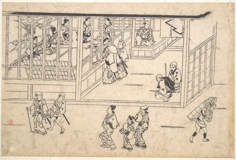 Street scene in the Yoshiwara Wall Art by Hishikawa Moronobu - High-Resolution Digital Print
