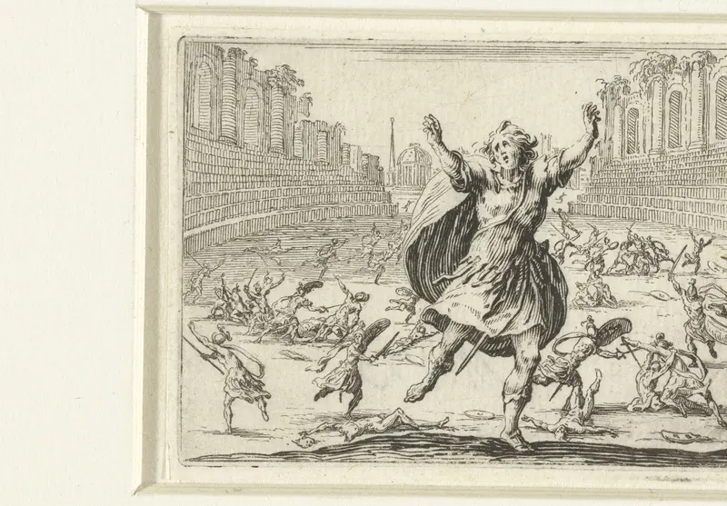 Strijder in paniek bij gevecht in amfitheater Wall Art by Jacques Callot - High-Resolution Digital Print