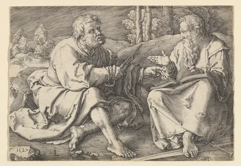 Sts. Peter and Paul Seated in a Landscape Wall Art by Lucas van Leyden - High-Resolution Digital Print