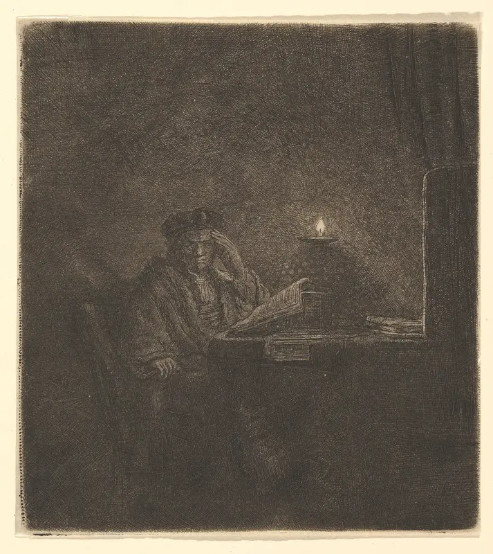 Student at a Table by Candlelight Wall Art by Rembrandt (Rembrandt van Rijn) - High-Resolution Digital Print
