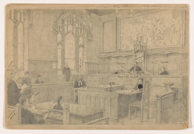 Studie van de gehele compositie voor het (onvoltooide) schilderij van de Nederlandse rechtbank in London, juni 1942 Wall Art by Anton Abraham van Anrooy - High-Resolution Digital Print