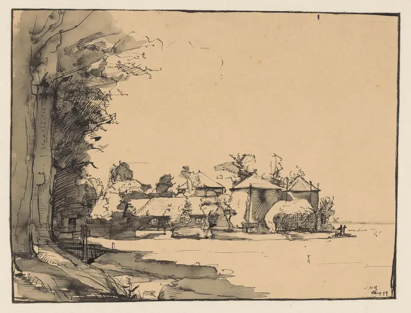 Studie van een boerderij met drie hooischelven Wall Art by Unknown - High-Resolution Digital Print