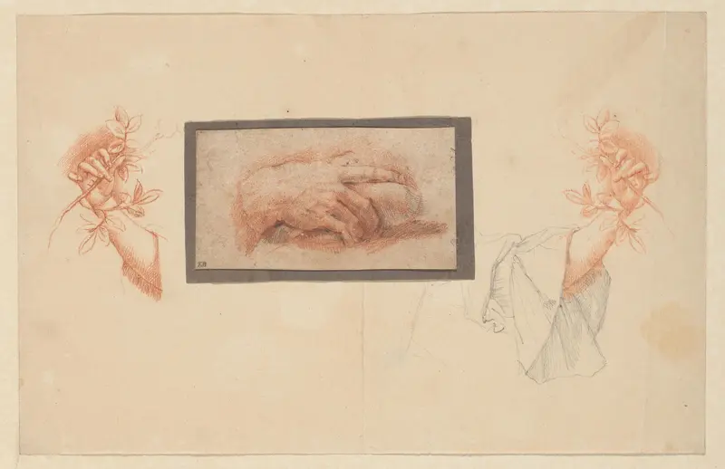 Studie van een hand en twee handen met een tak Wall Art by anonymous - High-Resolution Digital Print