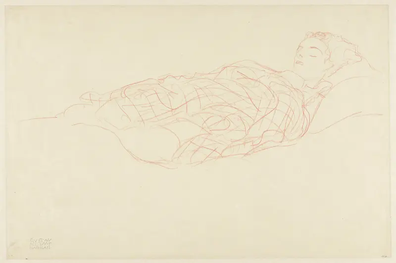Studie van een in een plaid gewikkelde, rustende vrouw Wall Art by Gustav Klimt - High-Resolution Digital Print