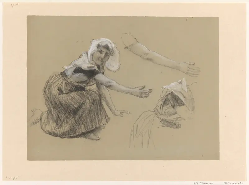 Studie van een knielende Zeeuwse boerin Wall Art by Joan Berg - High-Resolution Digital Print