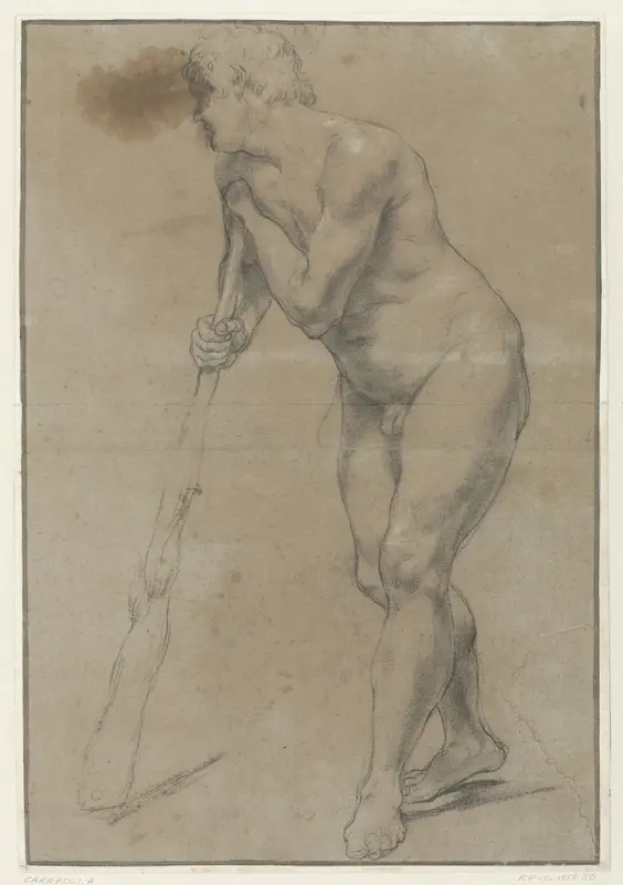Studie van een naakte man die op een knots leunt Wall Art by Antonio Carracci - High-Resolution Digital Print