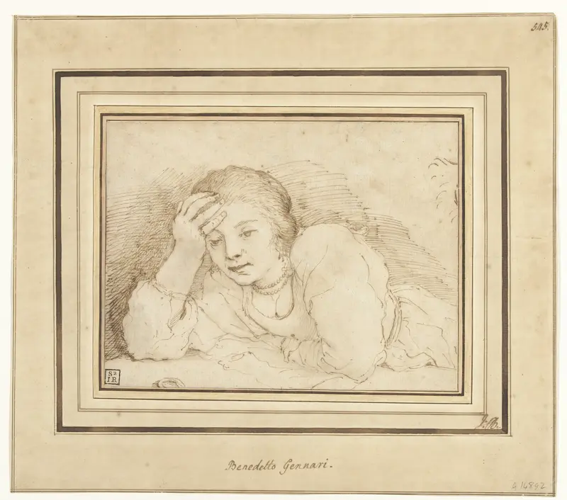Studie van een over een tafel leunende jonge vrouw Wall Art by Benedetto Gennari - High-Resolution Digital Print