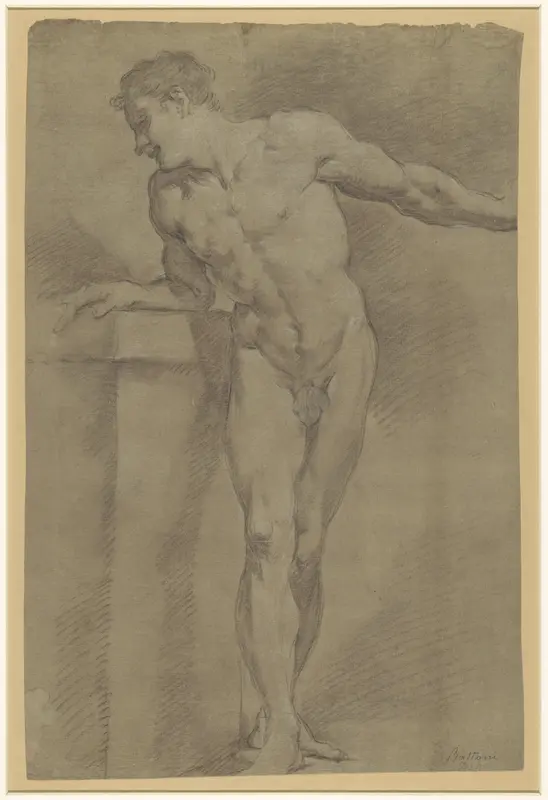 Studie van een staand mannelijk model, geleund tegen een borstwering Wall Art by Pompeo Batoni - High-Resolution Digital Print