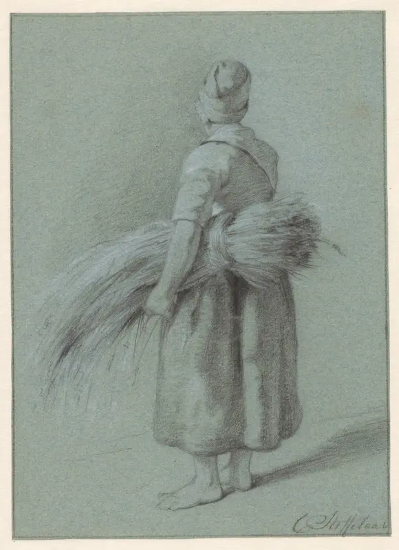 Studie van een staande vrouw met een korenschoof onder de arm Wall Art by Cornelis Steffelaar - High-Resolution Digital Print