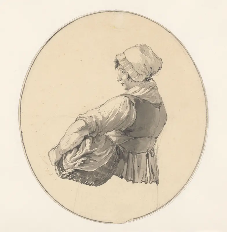 Studie van een vrouw, met een mand onder haar arm Wall Art by Johannes Christiaan Schotel - High-Resolution Digital Print