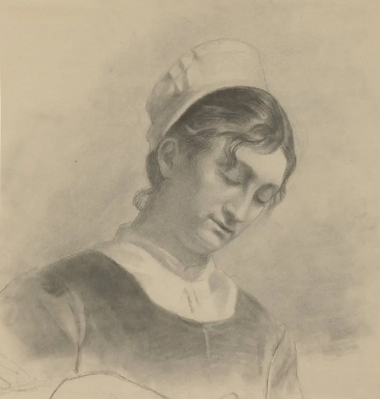 Studie van een vrouw met kapje op het hoofd, met gebogen hoofd Wall Art by Johan Braakensiek - High-Resolution Digital Print