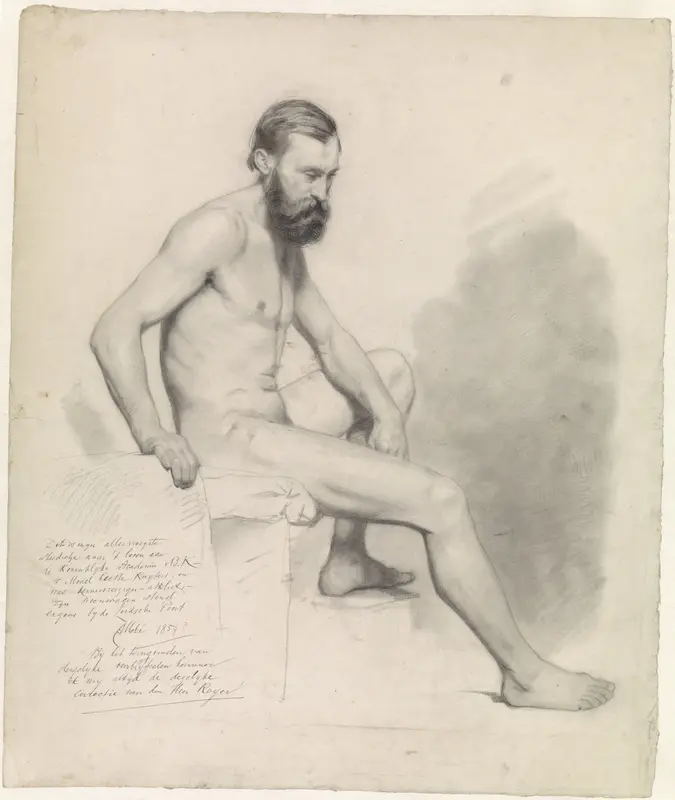Studie van een zittend mannelijk naakt, naar rechts Wall Art by August Allebé - High-Resolution Digital Print