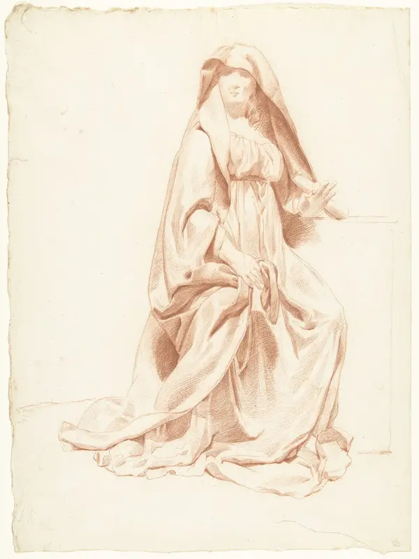 Studie van een zittende vrouw met zwaar geplooide mantel Wall Art by anonymous - High-Resolution Digital Print