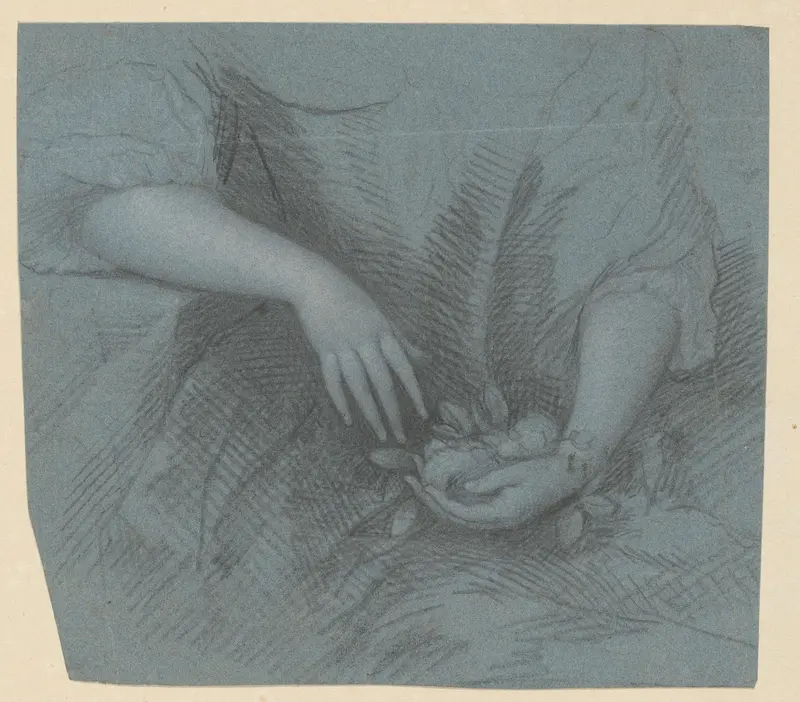 Studie van handen in een schoot, met in de linkerhand bloemen Wall Art by Unknown - High-Resolution Digital Print