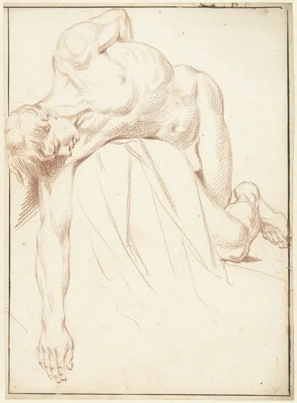 Studie van mannelijk naakt, liggend op de zij over een blok Wall Art by Louis Fabritius Dubourg - High-Resolution Digital Print