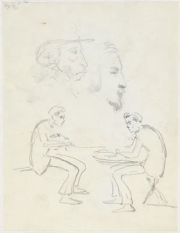 Studie van twee zittende mannen en twee mannenkoppen Wall Art by Johan Daniël Koelman - High-Resolution Digital Print