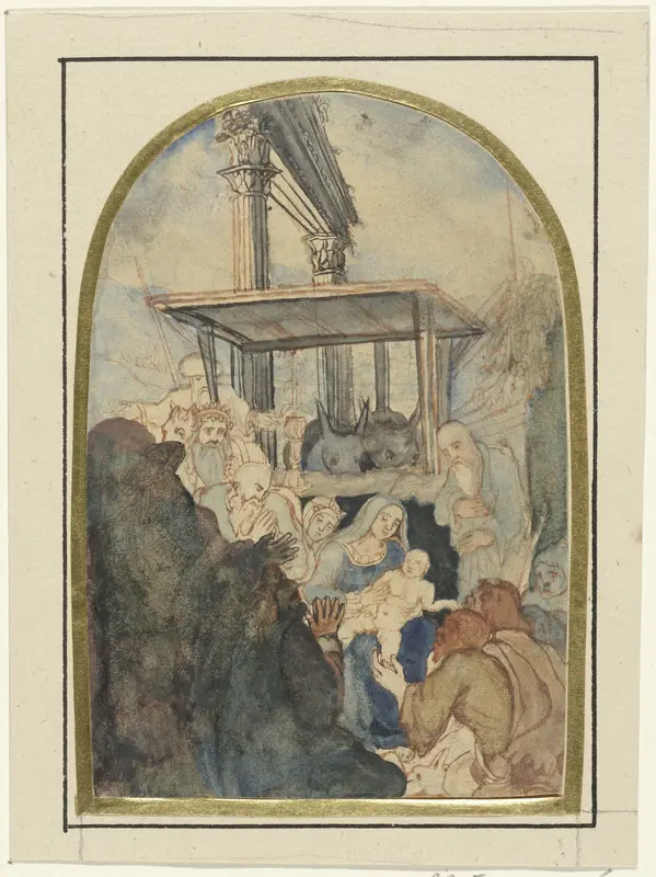 Studie voor een aanbidding der koningen, op de achtergrond een ruïne met twee Corinthische zuilen Wall Art by Rodolphe Bresdin - High-Resolution Digital Print