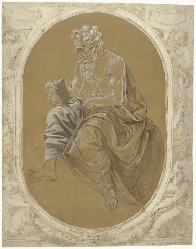 Studie voor een lezende apostel of evangelist, geplakt in een omlijsting met putti met cartouches en vrouwengestalten met festoenen Wall Art by Lorenzo di Credi - High-Resolution Digital Print