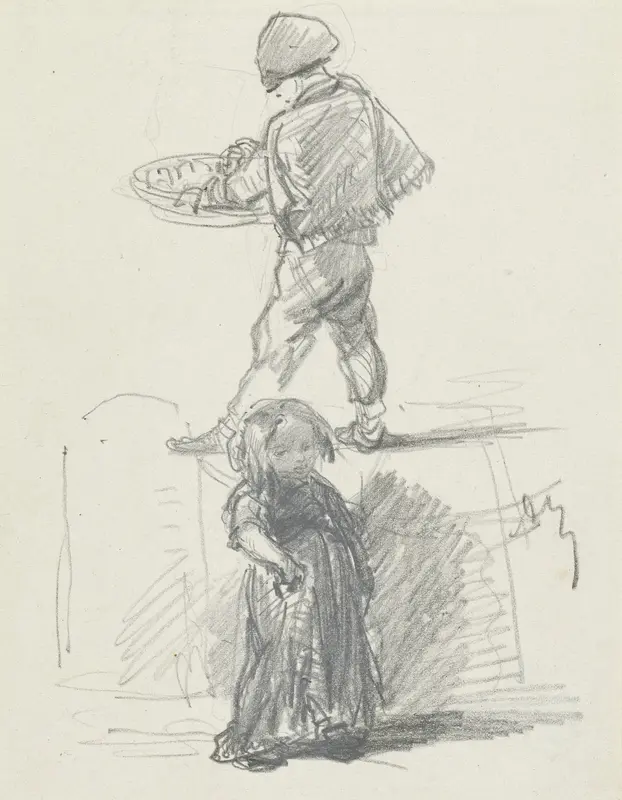 Studiebeeldjes van een jongen met een mand en een meisje Wall Art by Adolphe Mouilleron - High-Resolution Digital Print