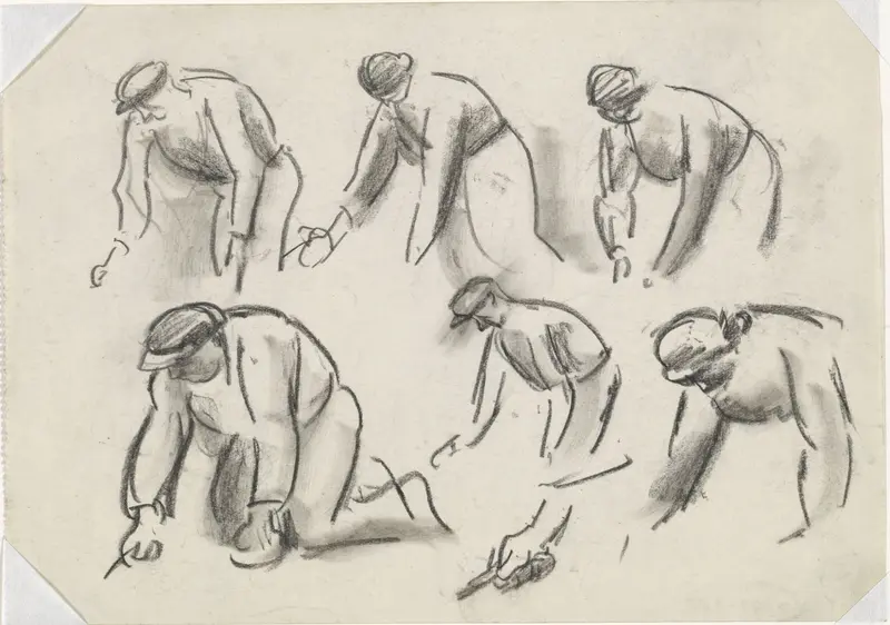 Studieblad met 6 schetsjes van knielende aardappelrooiers Wall Art by Leo Gestel - High-Resolution Digital Print