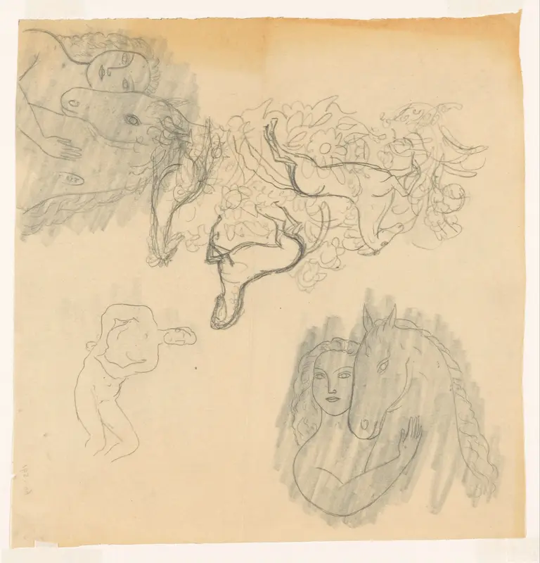 Studieblad met achterover leunende man, drie paarden en een vrouw met paard Wall Art by Leo Gestel - High-Resolution Digital Print