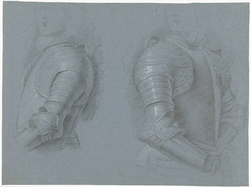 Studieblad met de linker- en rechterzijde van een kuras Wall Art by Theodorus Netscher - High-Resolution Digital Print