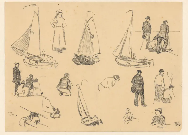 Studieblad met diverse figuurstudies en vissersboten Wall Art by Willem Bastiaan Tholen - High-Resolution Digital Print