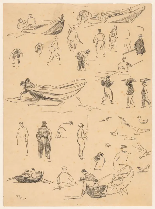 Studieblad met diverse figuurstudies, vissersbootjes en studies van meeuwen Wall Art by Willem Bastiaan Tholen - High-Resolution Digital Print