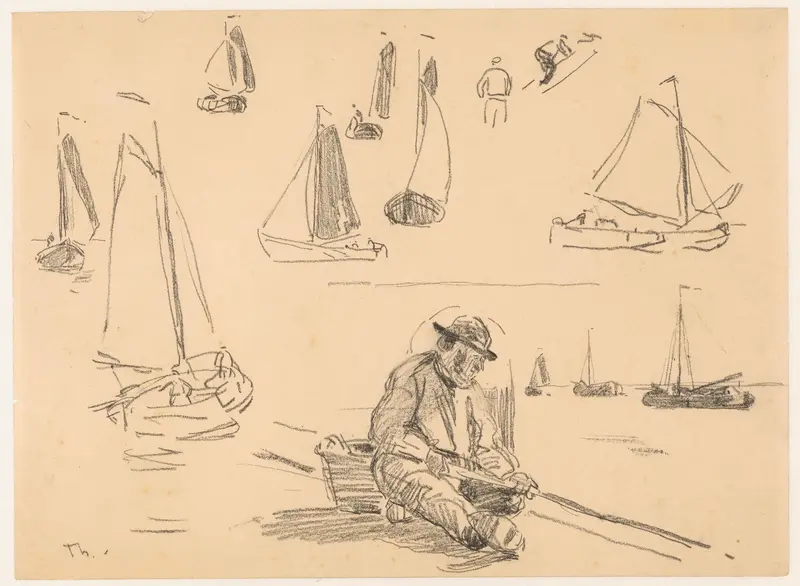 Studieblad met diverse zeilschepen en een visser Wall Art by Willem Bastiaan Tholen - High-Resolution Digital Print