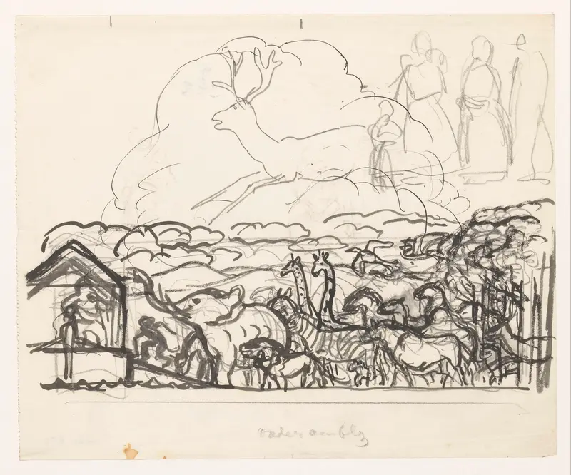 Studieblad met een hert, figuren en dieren die inschepen in de ark van Noach Wall Art by Leo Gestel - High-Resolution Digital Print