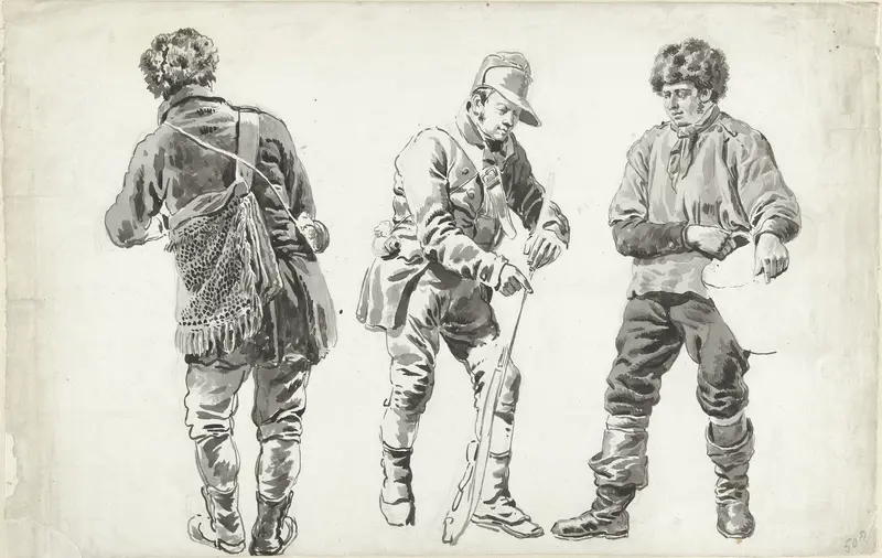 Studieblad met een jager (?) op de rug gezien, een soldaat en een visser Wall Art by Leendert de Koningh - High-Resolution Digital Print