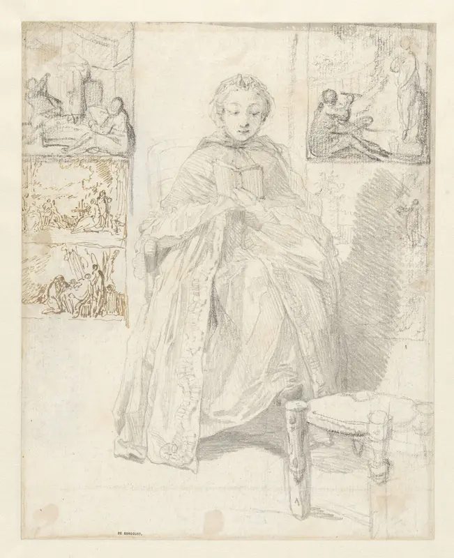 Studieblad met een lezende vrouw en enkele schetsen Wall Art by Gabriel Jacques de Saint-Aubin - High-Resolution Digital Print