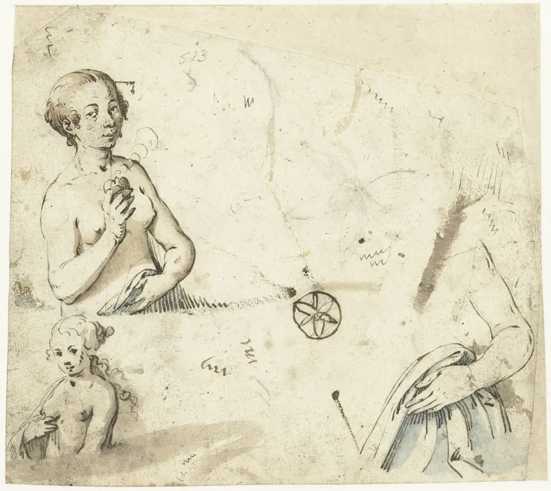 Studieblad met een paar vrouwelijke halffiguren Wall Art by Gerard ter Borch (I) - High-Resolution Digital Print