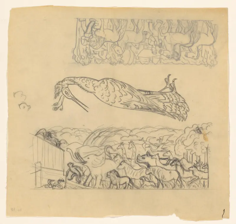 Studieblad met een reiger en dieren die inschepen in de ark van Noach Wall Art by Leo Gestel - High-Resolution Digital Print