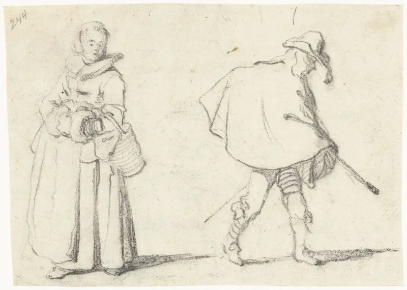 Studieblad met een vrouw die een emmer draagt en een man in een cape Wall Art by Unknown - High-Resolution Digital Print
