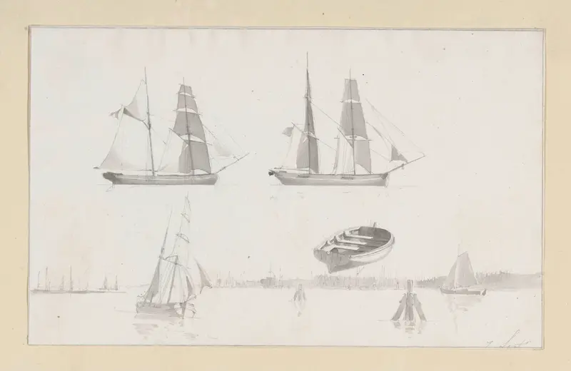 Studieblad met havengezicht, sloep en twee zeilschepen Wall Art by Hendrik Abraham Klinkhamer - High-Resolution Digital Print