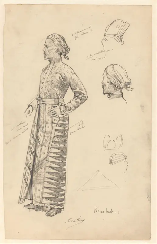 Studieblad met kleding en hoofddeksel van een hoogwaardigheidsbekleder uit Nederlands-Indië Wall Art by Unknown - High-Resolution Digital Print