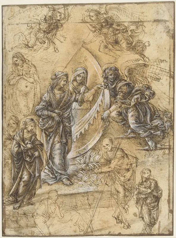 Studieblad met Madonna, heiligen, engelen en figuren uit de Aanbidding der herders Wall Art by Unknown - High-Resolution Digital Print