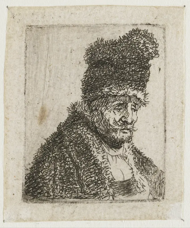 Studieblad met manskoppen: oude man in bontjas en hoge muts Wall Art by Rembrandt van Rijn - High-Resolution Digital Print