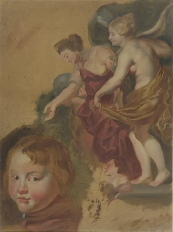 Studieblad met Maria dei Medici's gelukkige regering, een jongenskopje en twee manskoppen. Wall Art by anonymous - High-Resolution Digital Print